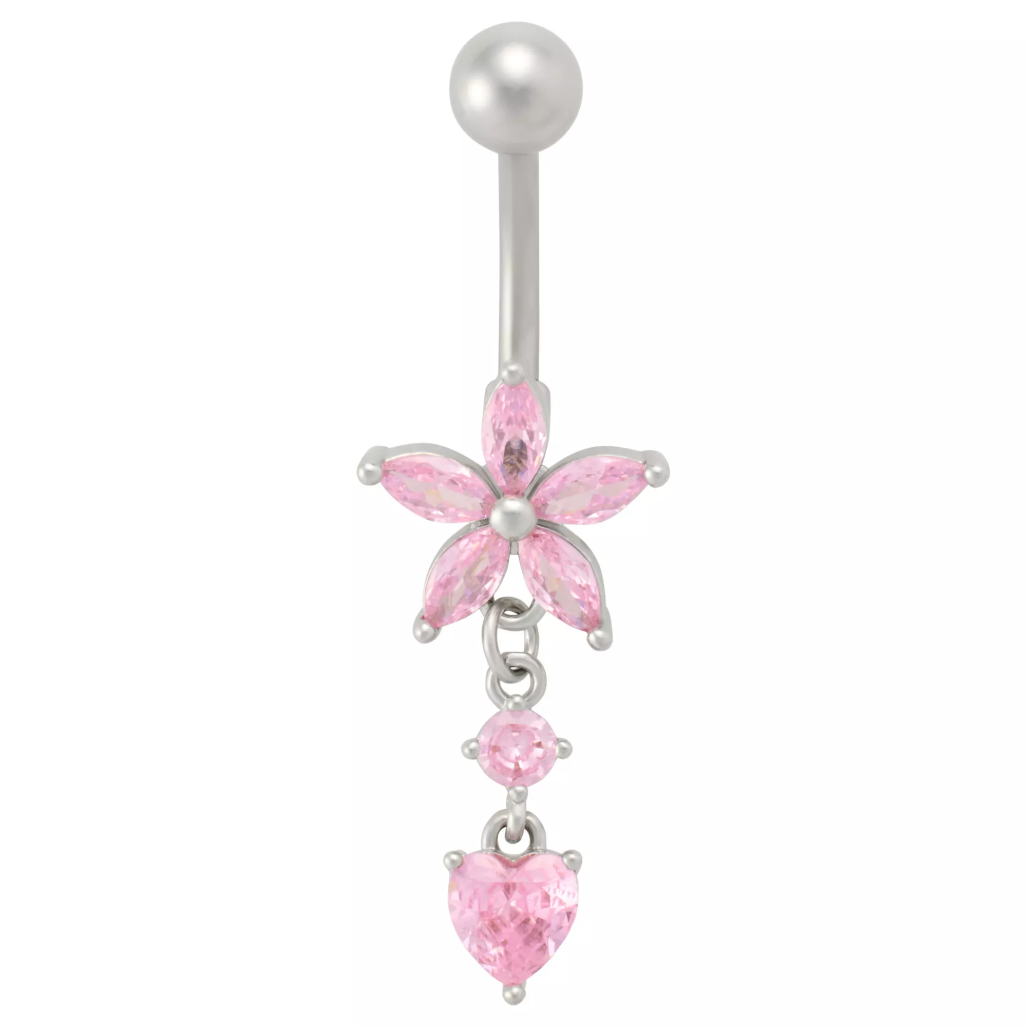 Pink CZ Flower Heart Titanium Dangle Belly Ring - 14 Gauge at Spencer's
