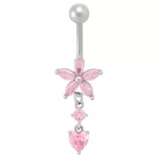 Pink CZ Flower Heart Titanium Dangle Belly Ring - 14 Gauge at Spencer's