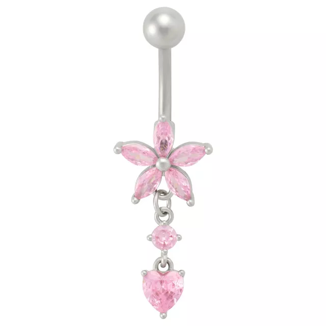 Pink CZ Flower Heart Titanium Dangle Belly Ring - 14 Gauge at Spencer's