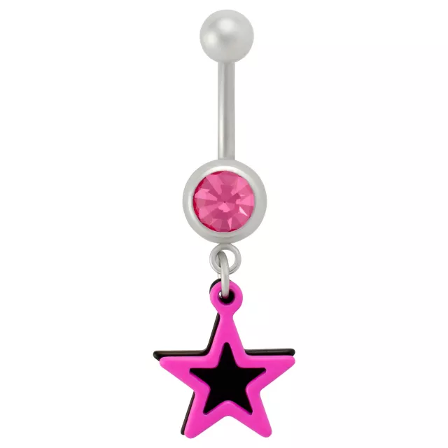 CZ Pink and Black Star Dangle Belly Ring - 14 Gauge at Spencer's