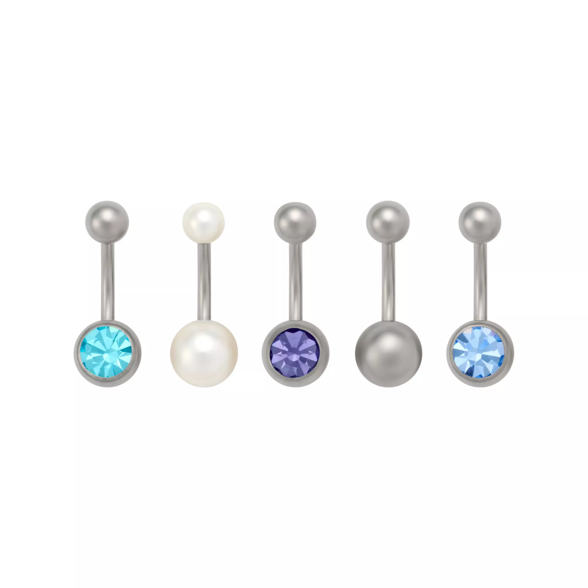 Multi-Pack Pearl-Effect and Blue Purple CZ Silver-Plated Titanium Belly Rings 5 Pack - 14 Gauge at Spencer's