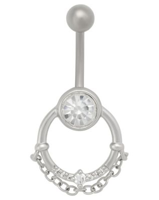 Clear CZ Circle Chain Silver-Plated Titanium Dangle Belly Ring - 14 Gauge