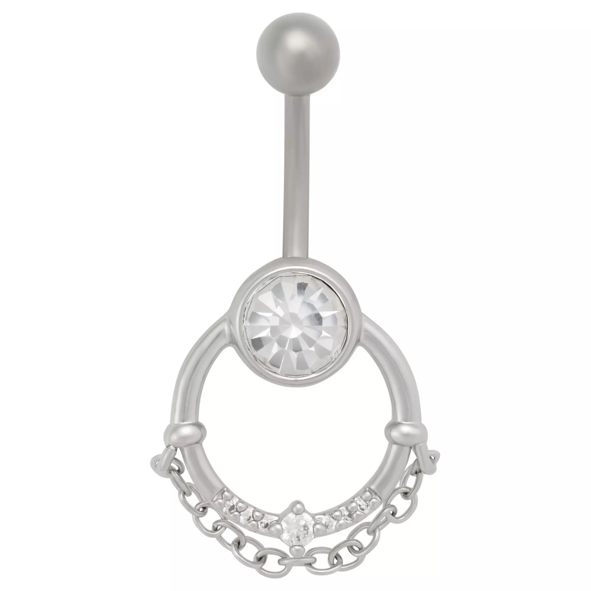 Clear CZ Circle Chain Silver-Plated Titanium Dangle Belly Ring - 14 Gauge at Spencer's