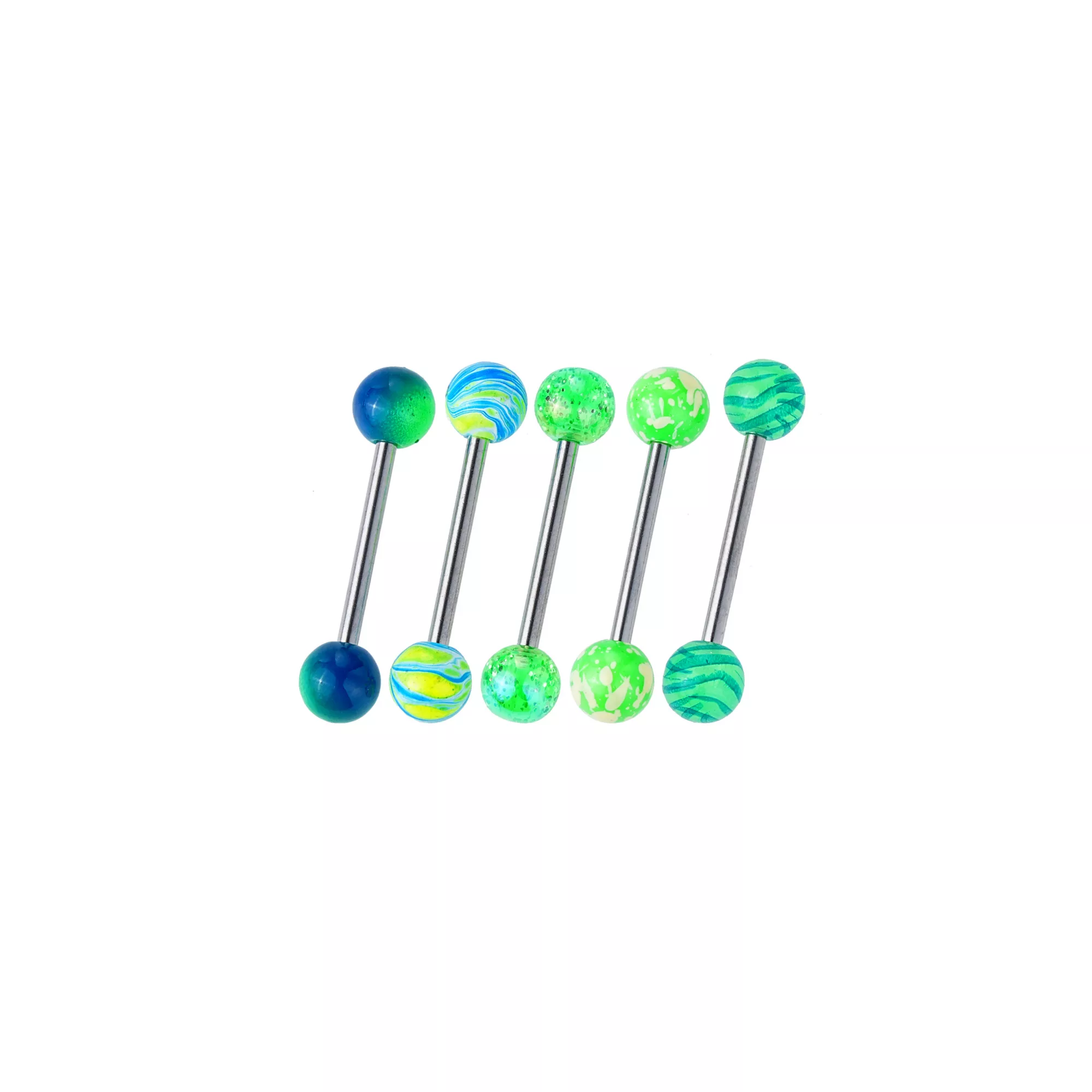 Multi-Pack Green and Blue Trippy Silver-Tone Tongue Barbells 5 Pack - 14 Gauge