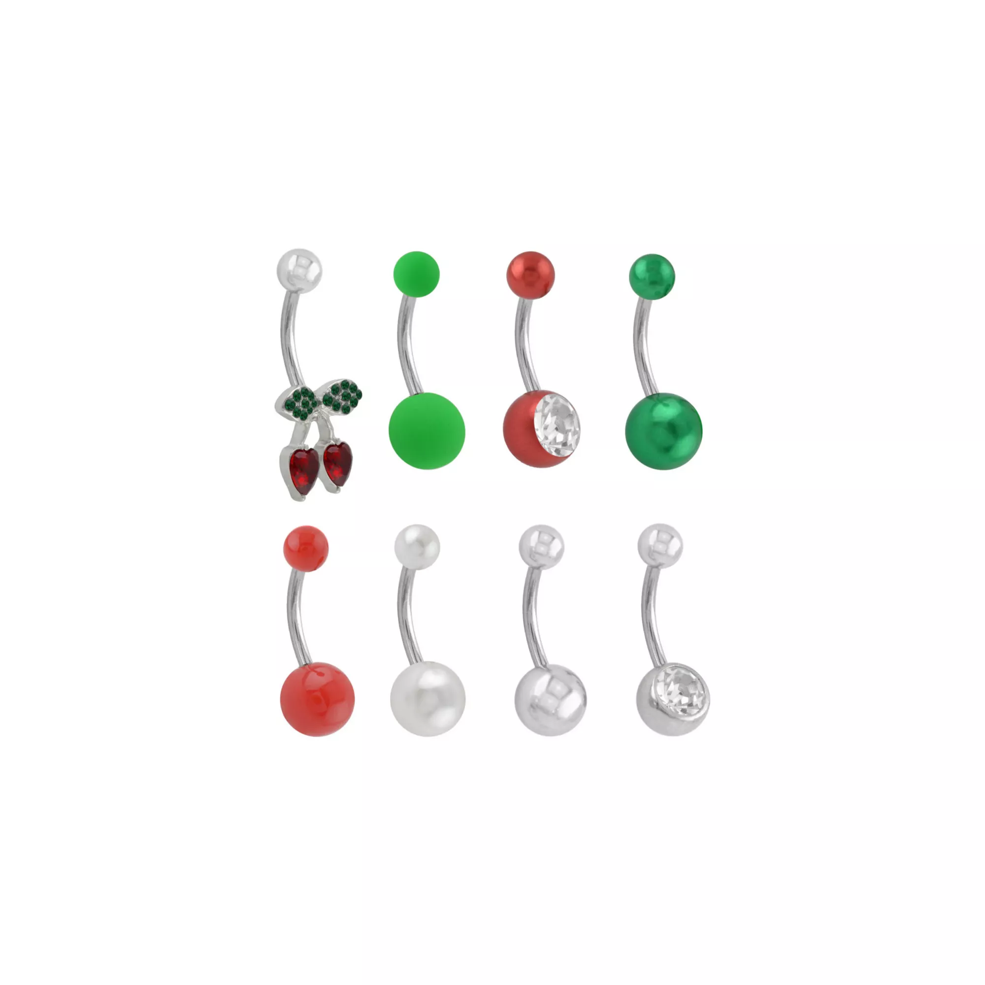 Multi-Pack Red and Green CZ Cherry Titanium Belly Rings 8 Pack - 14 Gauge at Spencer's
