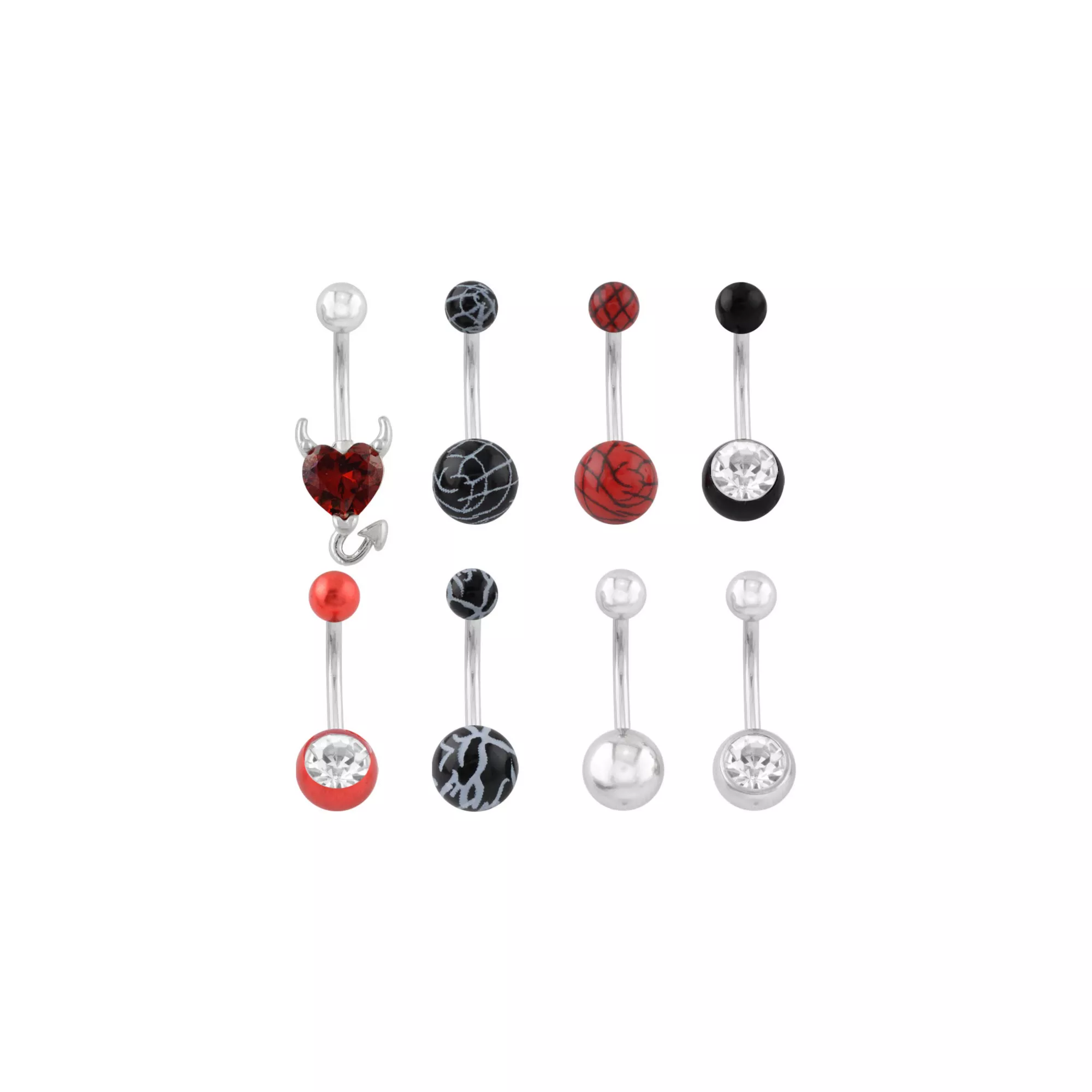 Multi-Pack Red CZ Devil Heart Spider Web Titanium Belly Rings 8 Pack - 14 Gauge at Spencer's