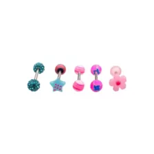 Multi-Pack Blue and Pink Novelty Charm Silver-Tone Barbells 5 Pack - 14 Gauge at Spencer's