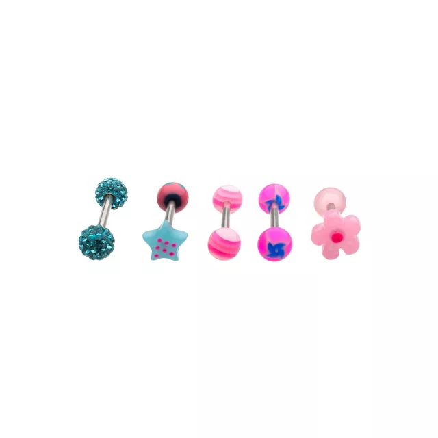 Multi-Pack Blue and Pink Novelty Charm Silver-Tone Barbells 5 Pack - 14 Gauge at Spencer's