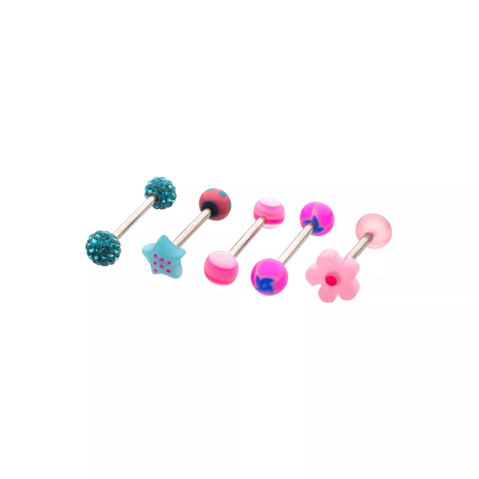 Multi-Pack Blue and Pink Novelty Charm Silver-Tone Barbells 5 Pack - 14 Gauge at Spencer's