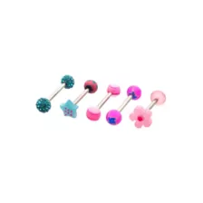 Multi-Pack Blue and Pink Novelty Charm Silver-Tone Barbells 5 Pack - 14 Gauge at Spencer's