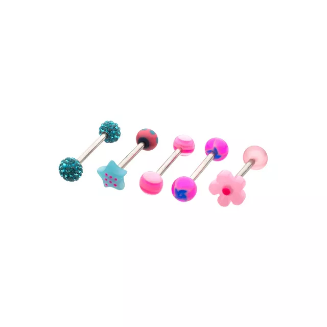 Multi-Pack Blue and Pink Novelty Charm Silver-Tone Barbells 5 Pack - 14 Gauge at Spencer's