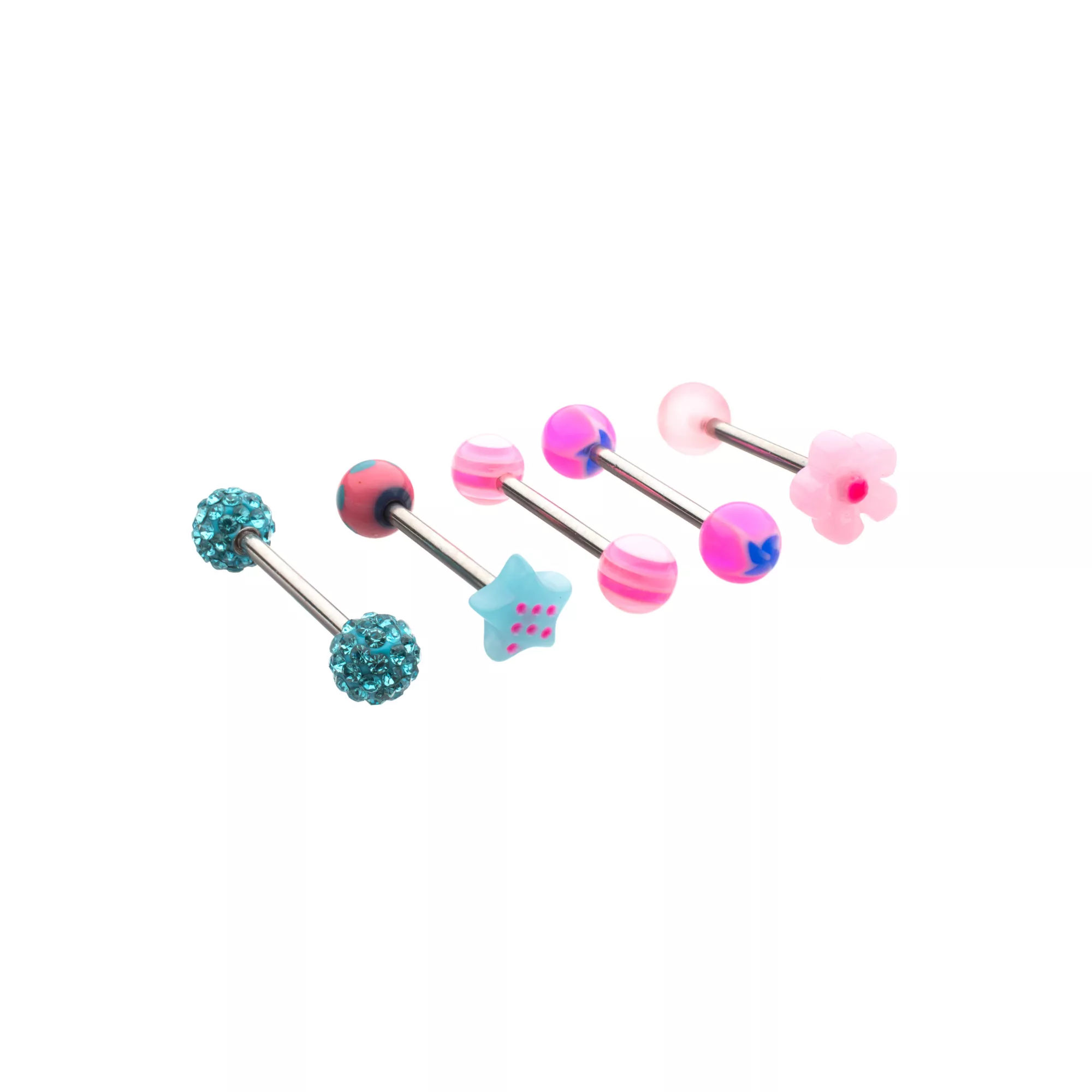 Multi-Pack Blue and Pink Novelty Charm Silver-Tone Barbells 5 Pack - 14 Gauge