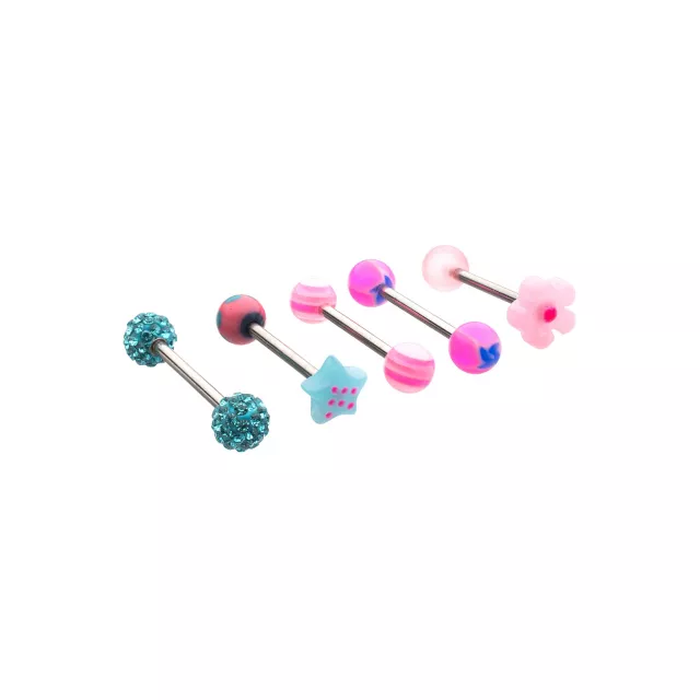 Multi-Pack Blue and Pink Novelty Charm Silver-Tone Barbells 5 Pack - 14 Gauge at Spencer's