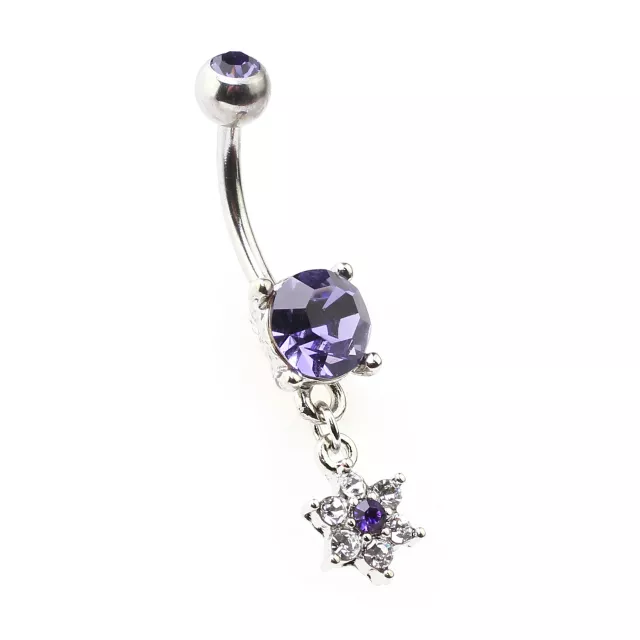 Purple CZ Flower Dangle Belly Ring - 14 Gauge at Spencer's