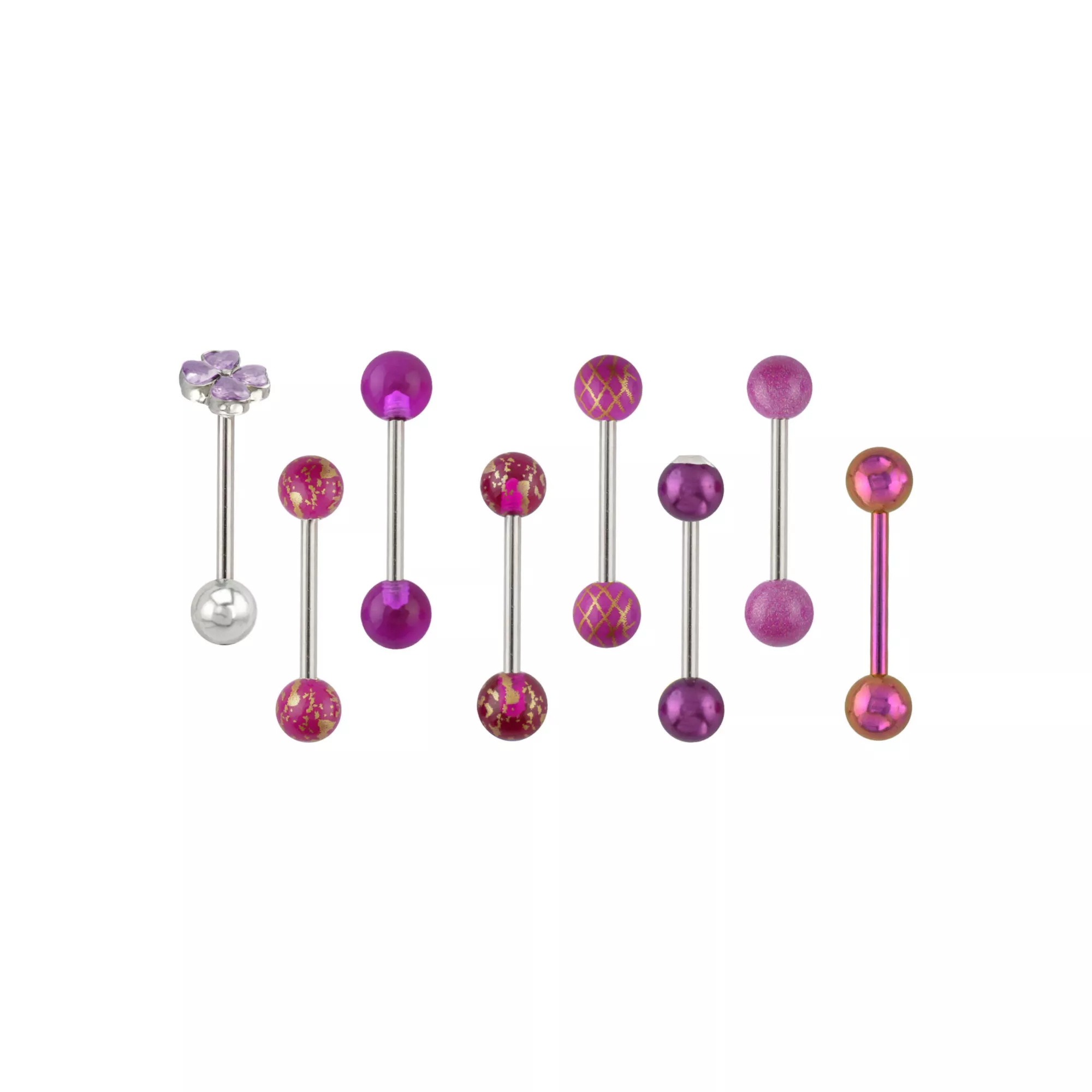 Multi-Pack CZ Flower Pink and Purple Barbells 8 Pack - 14 Gauge at Spencer's