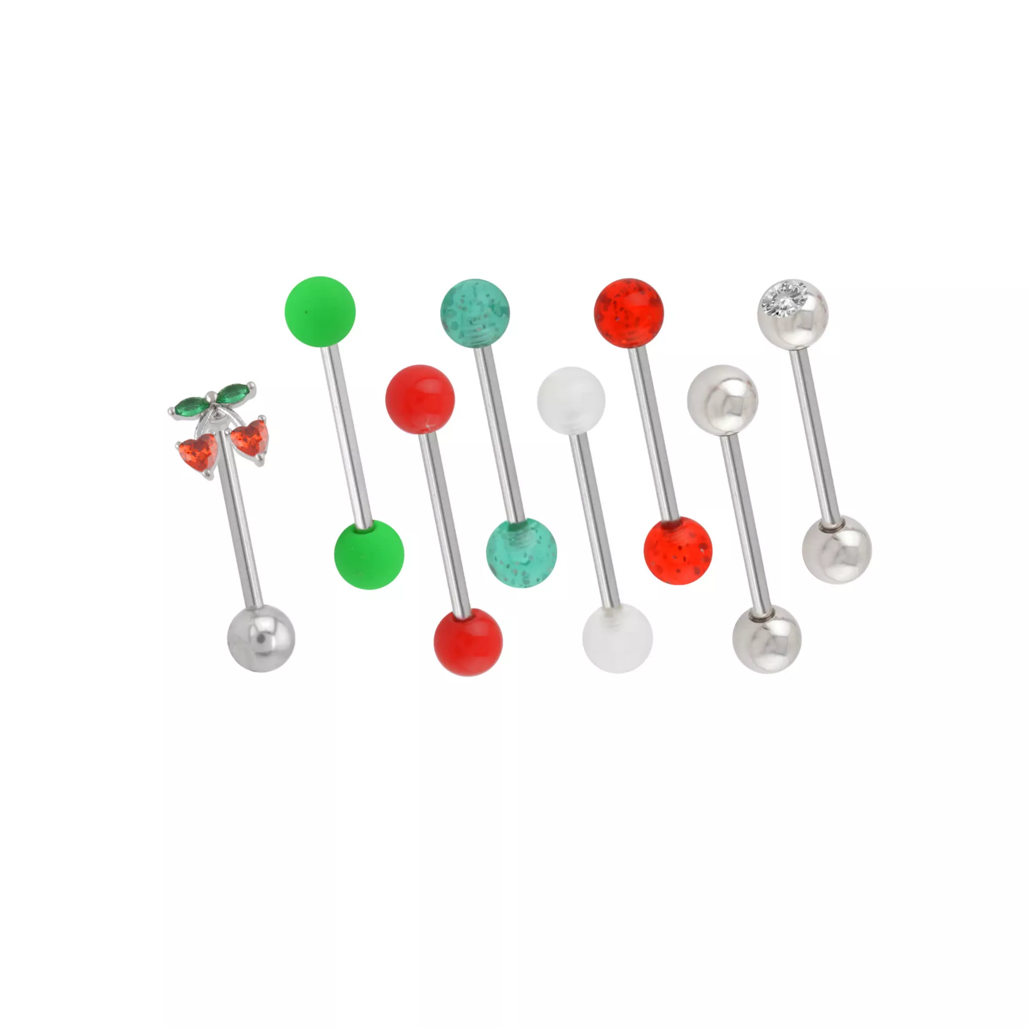 Multi-Pack CZ Green and Red Cherry Barbells 8 Pack - 14 Gauge