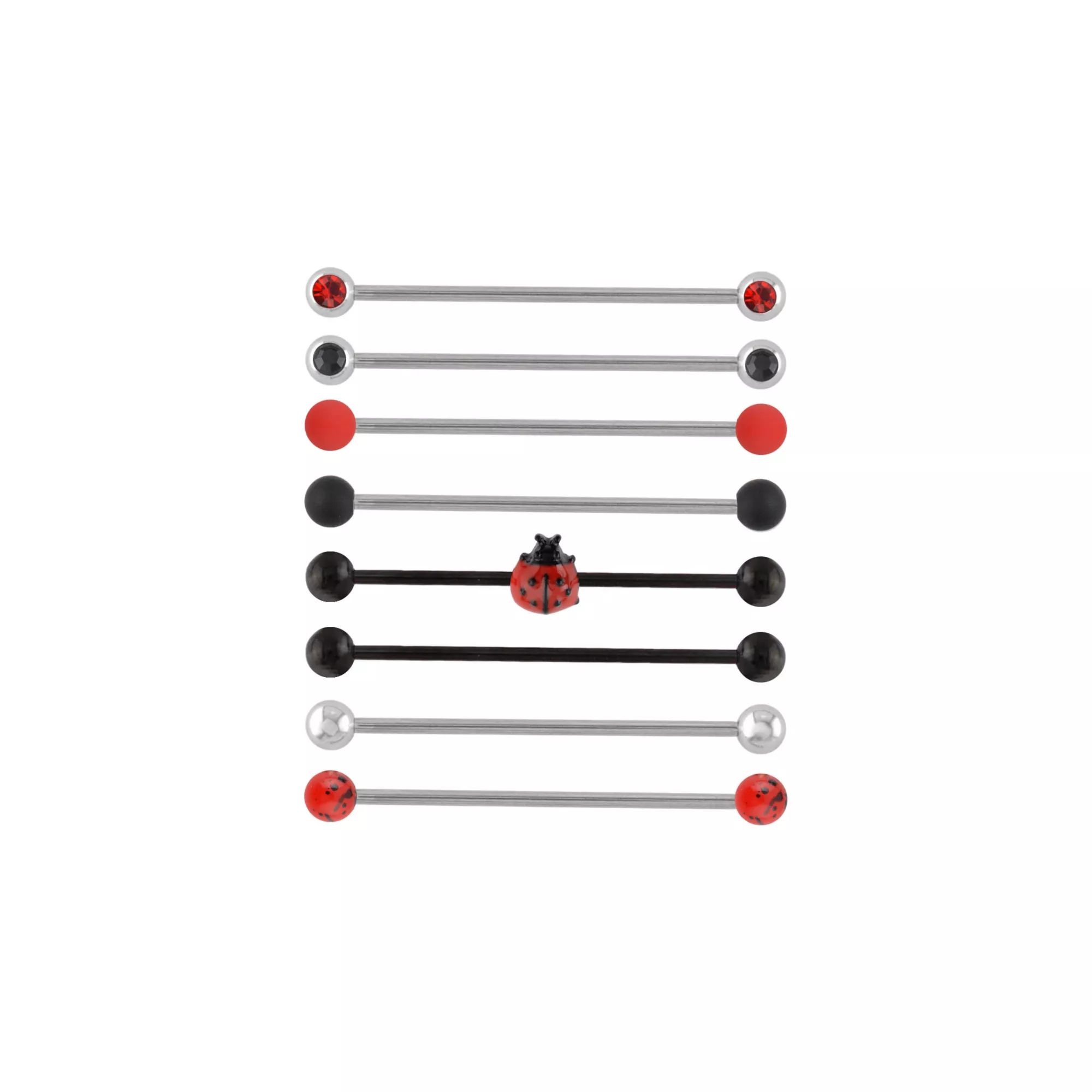 Multi-Pack Black and Red CZ Ladybug Silver-Tone Industrial Barbells 8 Pack - 14 Gauge