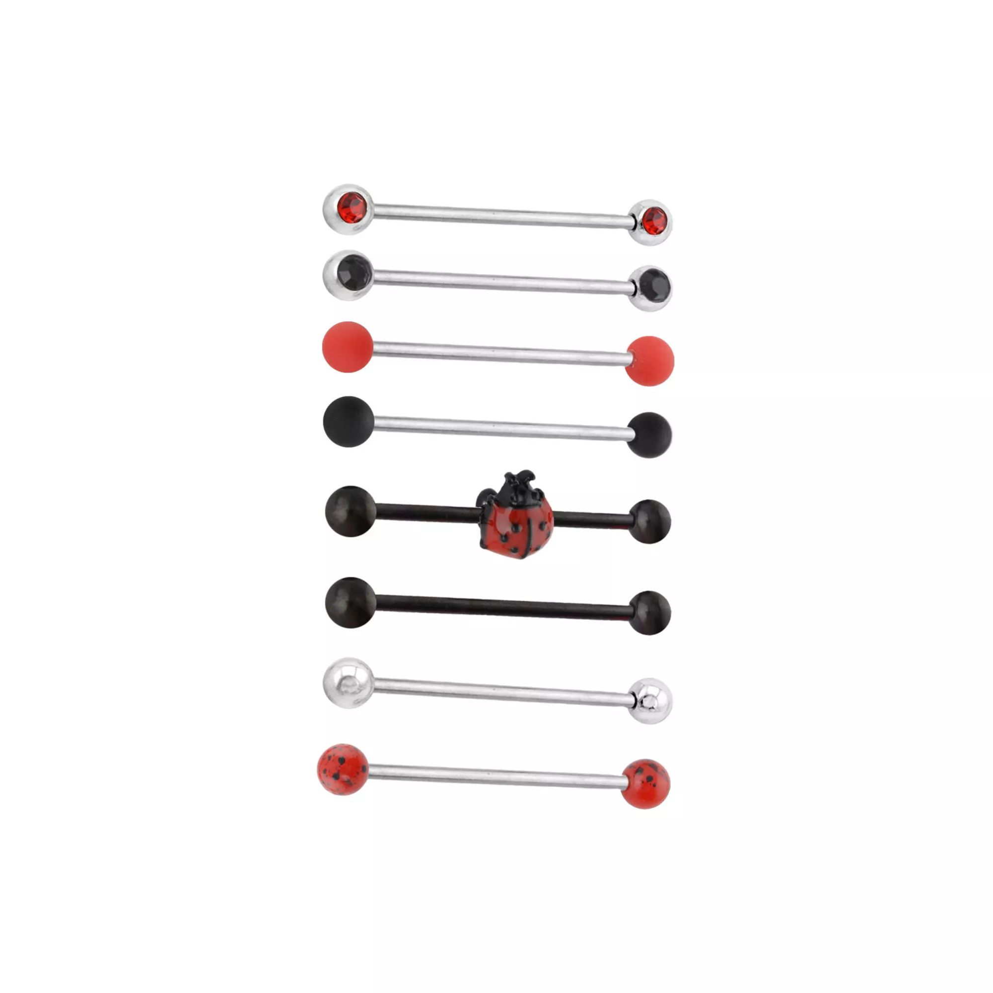 Multi-Pack Black and Red CZ Ladybug Silver-Tone Industrial Barbells 8 Pack - 14 Gauge at Spencer's