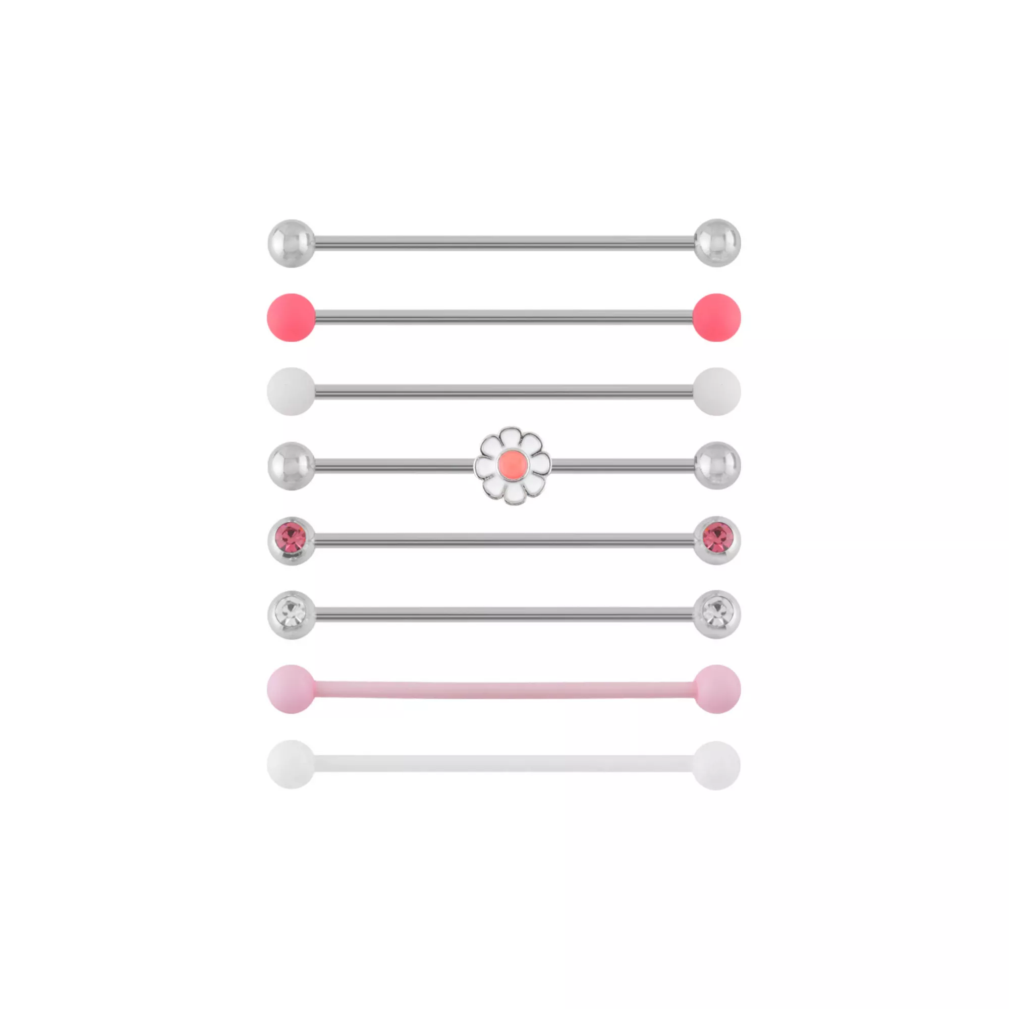 Multi-Pack Pink and Clear CZ Daisy Silver-Tone Industrial Barbells 8 Pack - 14 Gauge at Spencer's