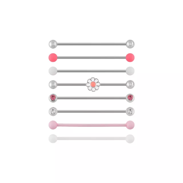 Multi-Pack Pink and Clear CZ Daisy Silver-Tone Industrial Barbells 8 Pack - 14 Gauge at Spencer's