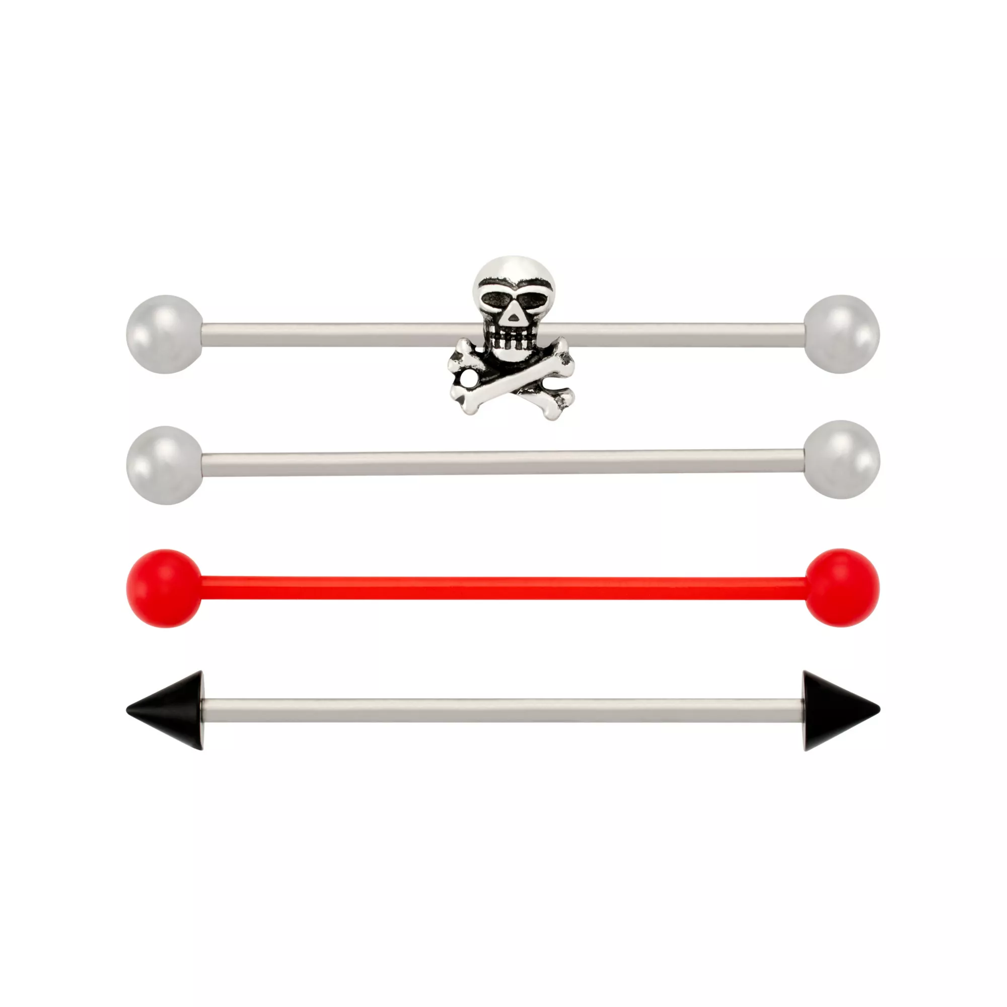 Multi-Pack Skull and Spike Red and Silver-Tone Titanium Industrial Barbells 4 Pack - 14 Gauge at Spencer's