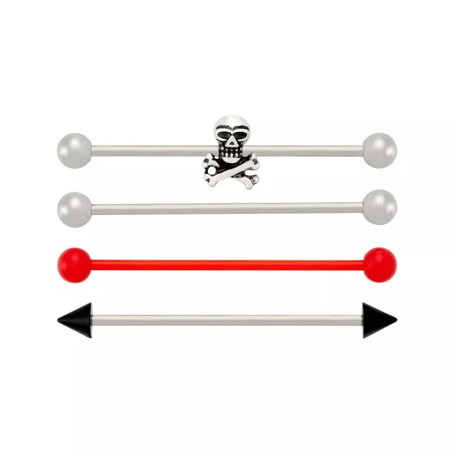 Multi-Pack Skull and Spike Red and Silver-Tone Titanium Industrial Barbells 4 Pack - 14 Gauge at Spencer's