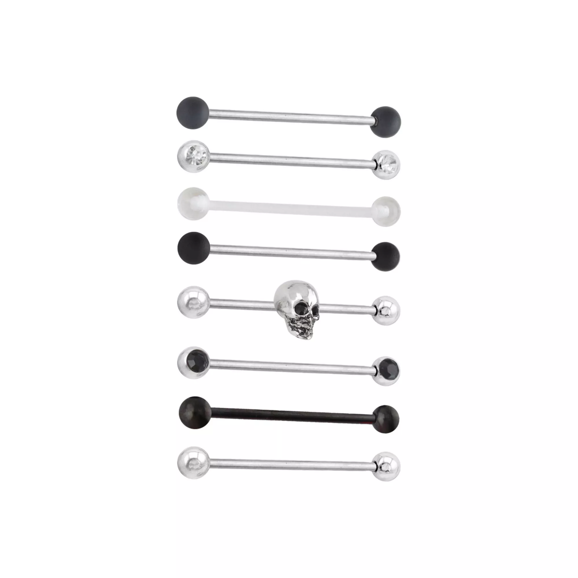Multi-Pack Black and Clear CZ Skull Silver-Tone Industrial Barbells 8 Pack - 14 Gauge