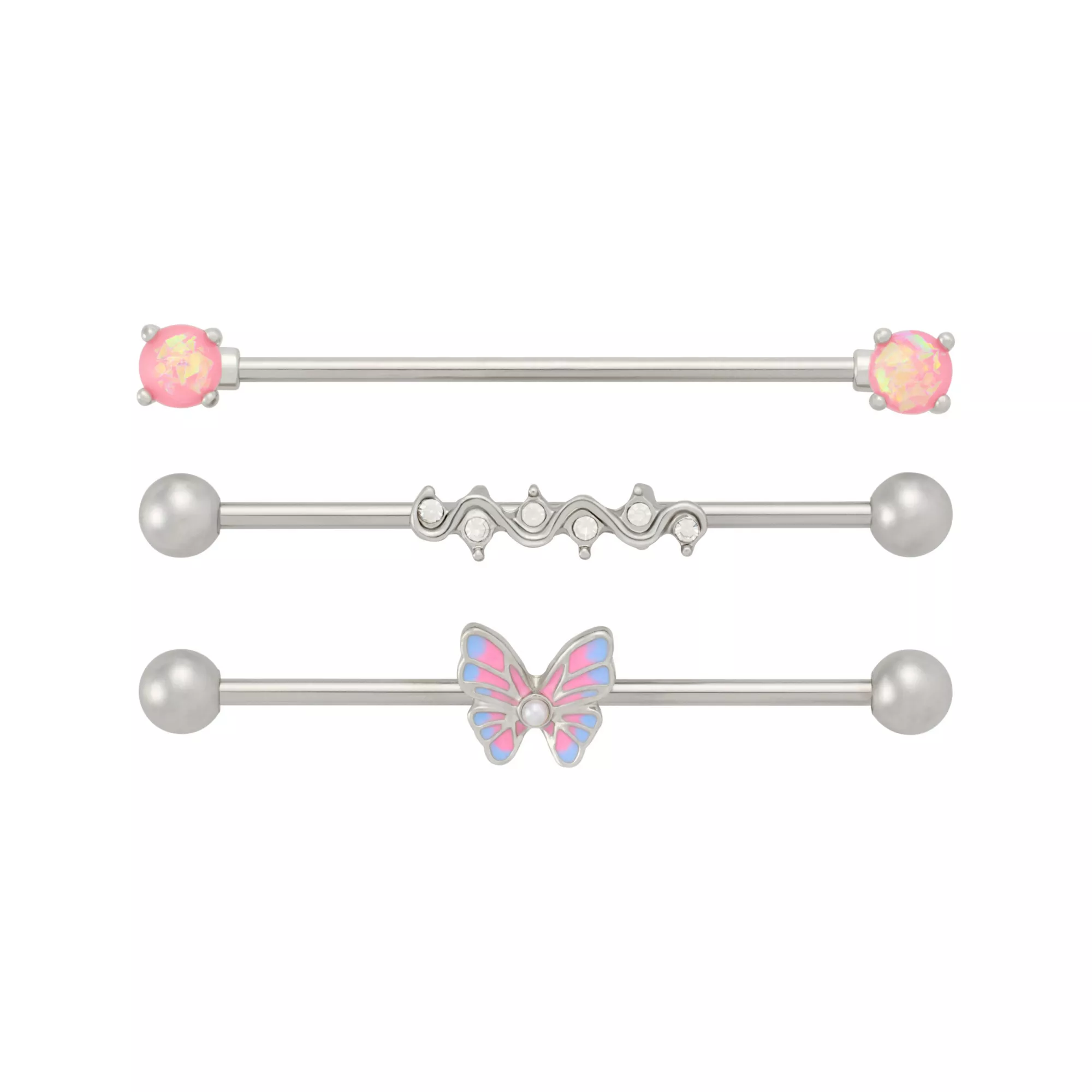 Multi-Pack Opal-Effect Butterfly Silver-Tone Industrial Barbells 3 Pack - 14 Gauge at Spencer's