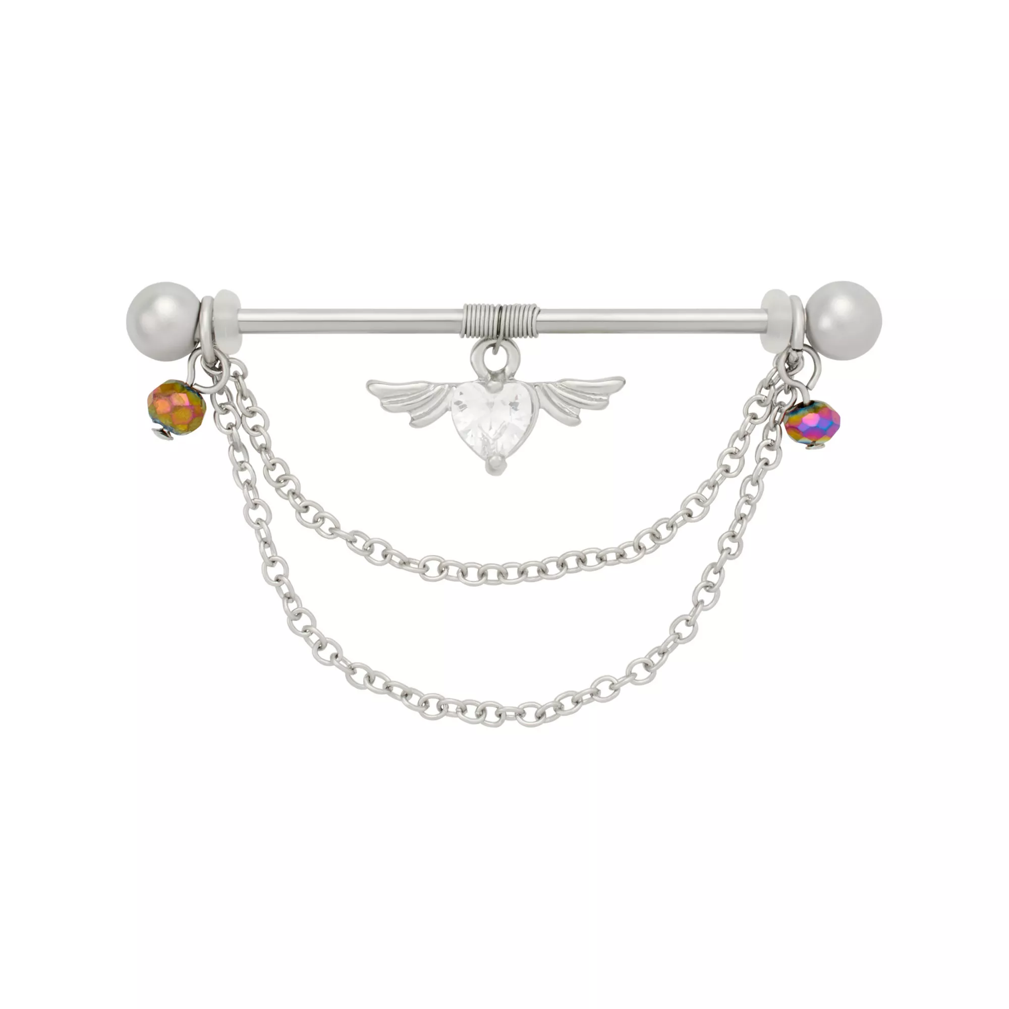 Winged Heart Dangle Chain Silver-Tone Titanium Industrial Barbell - 14 Gauge at Spencer's