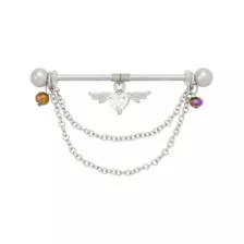 Winged Heart Dangle Chain Silver-Tone Titanium Industrial Barbell - 14 Gauge at Spencer's
