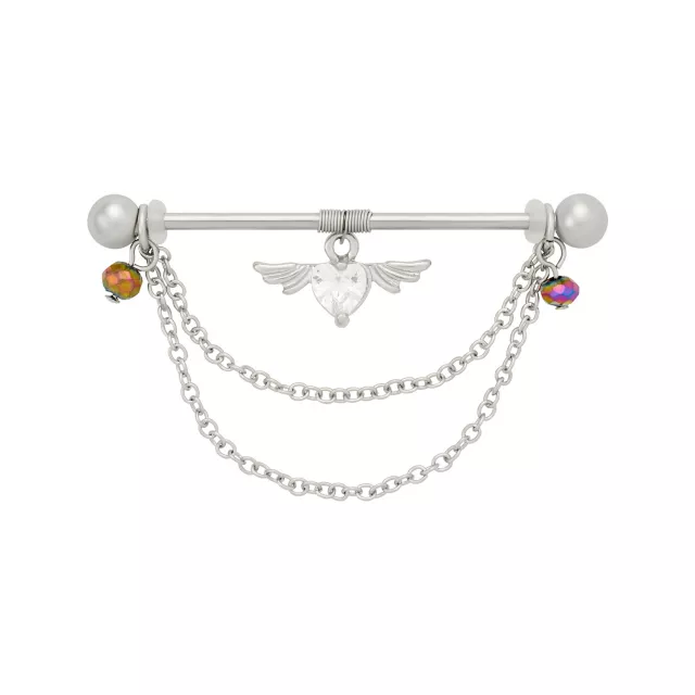 Winged Heart Dangle Chain Silver-Tone Titanium Industrial Barbell - 14 Gauge at Spencer's