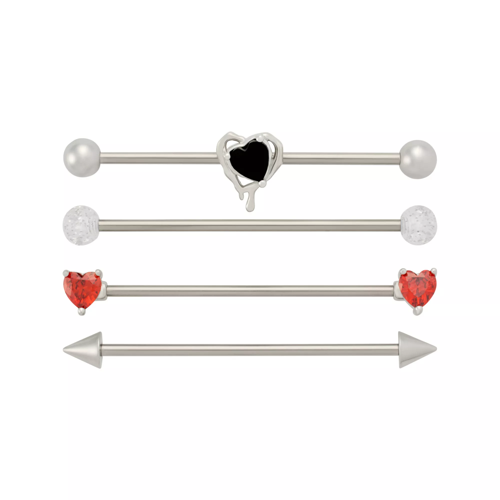 Multi-Pack Red and Black CZ Drip Heart Silver-Tone Titanium Industrial Barbells 4 Pack - 14 Gauge at Spencer's