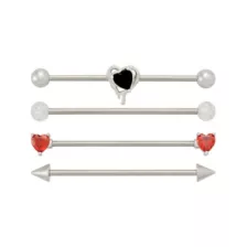 Multi-Pack Red and Black CZ Drip Heart Silver-Tone Titanium Industrial Barbells 4 Pack - 14 Gauge at Spencer's