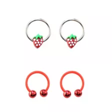 Multi-Pack Strawberry Red and Silver-Tone Horseshoe and Captive Rings 2 Pair - 16 Gauge at Spencer's
