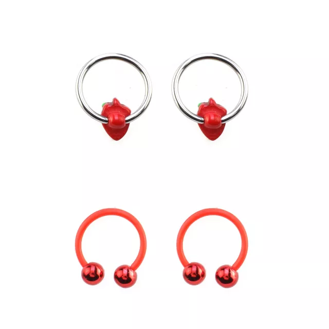Multi-Pack Strawberry Red and Silver-Tone Horseshoe and Captive Rings 2 Pair - 16 Gauge at Spencer's