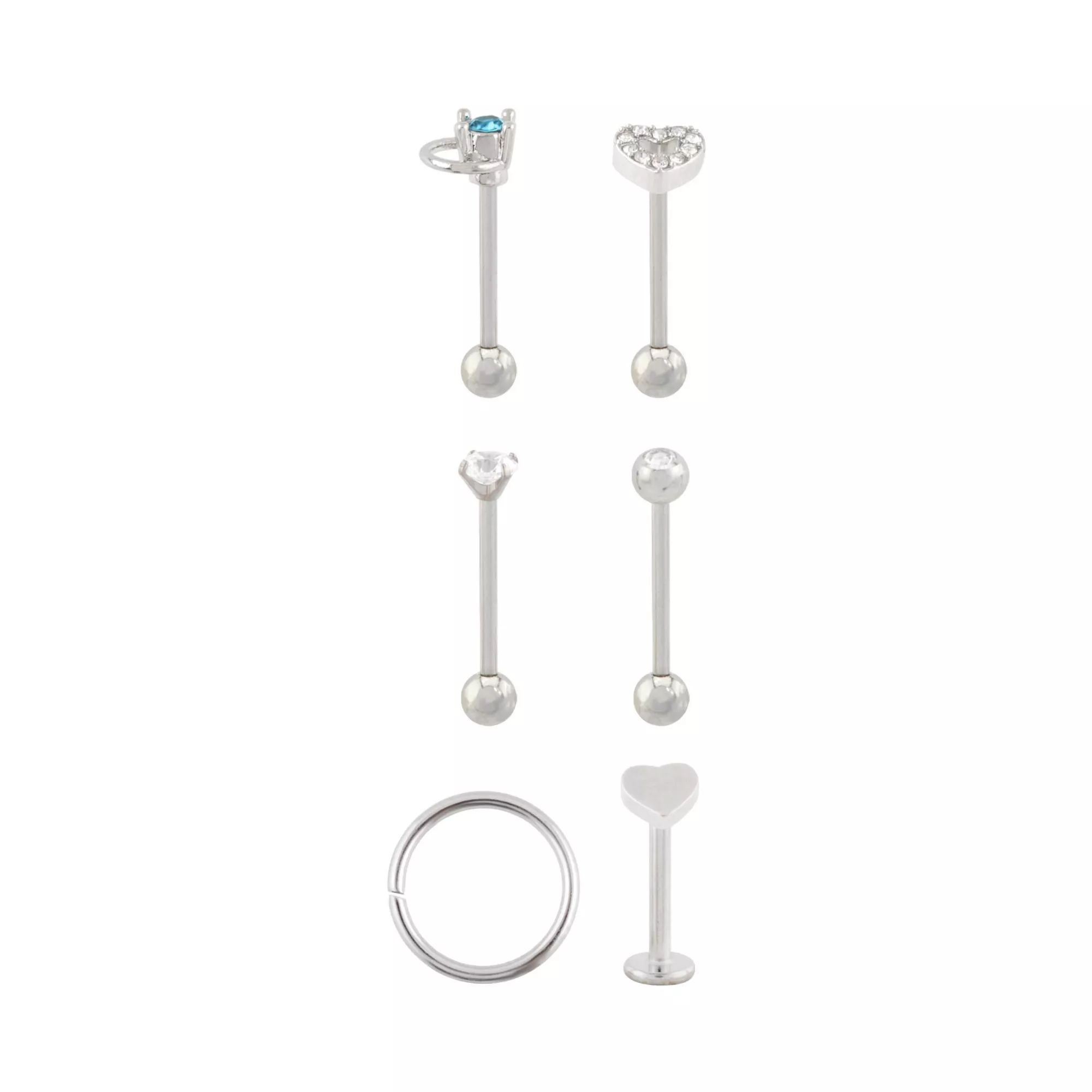 Multi-Pack Clear and Blue CZ Heart Silver-Tone Cartilage Pins and Hoop 6 Pack - 16 Gauge at Spencer's
