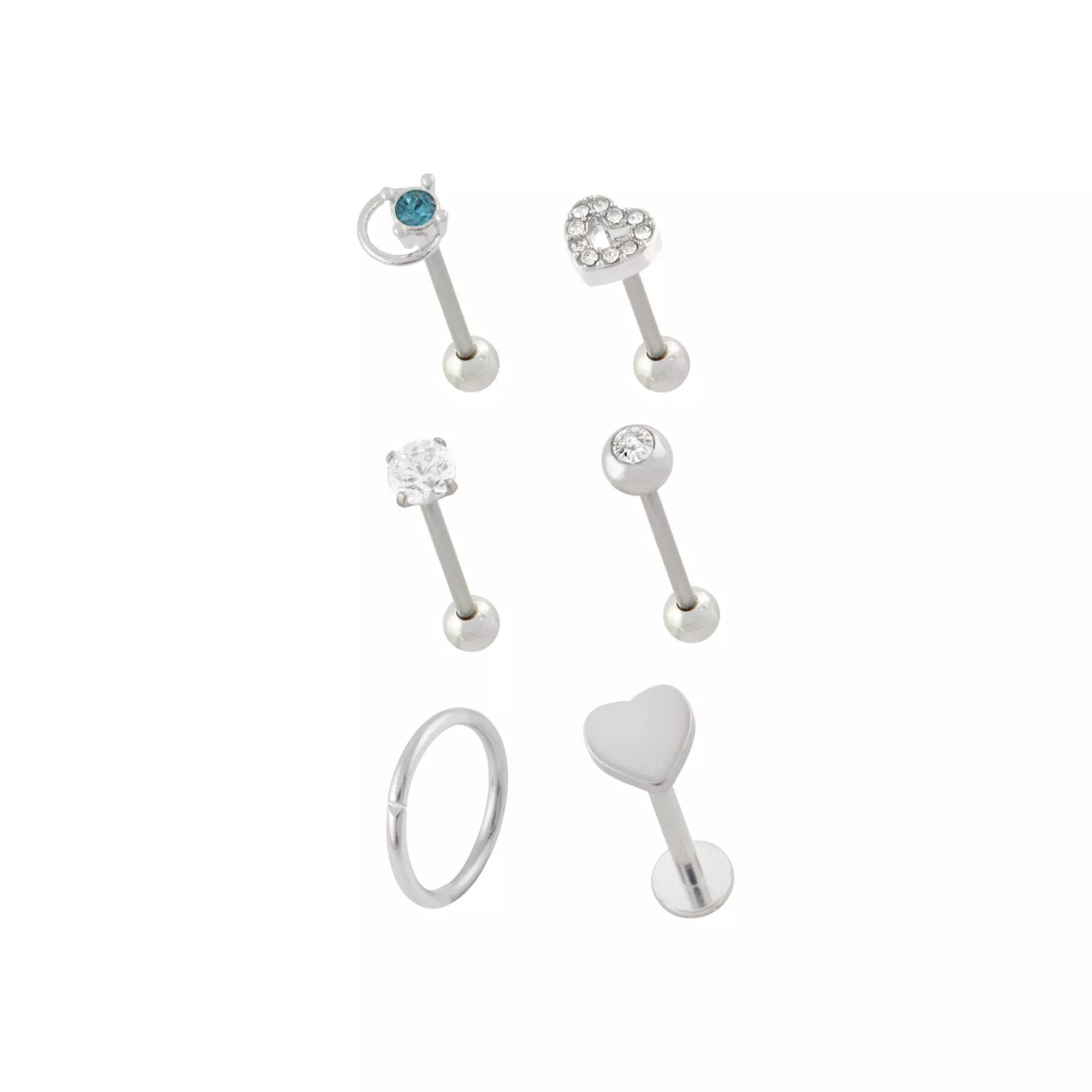 Multi-Pack Clear and Blue CZ Heart Silver-Tone Cartilage Pins and Hoop 6 Pack - 16 Gauge at Spencer's