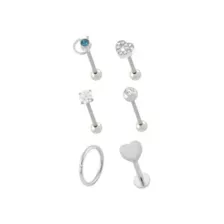 Multi-Pack Clear and Blue CZ Heart Silver-Tone Cartilage Pins and Hoop 6 Pack - 16 Gauge at Spencer's