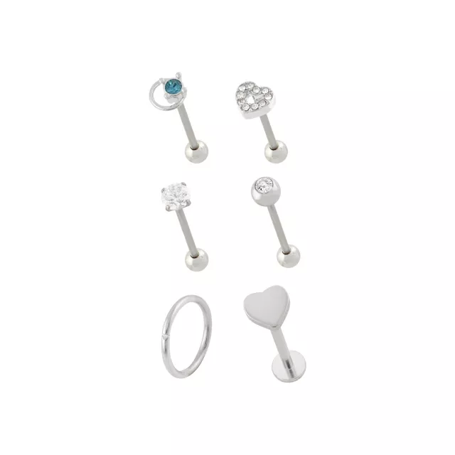 Multi-Pack Clear and Blue CZ Heart Silver-Tone Cartilage Pins and Hoop 6 Pack - 16 Gauge at Spencer's