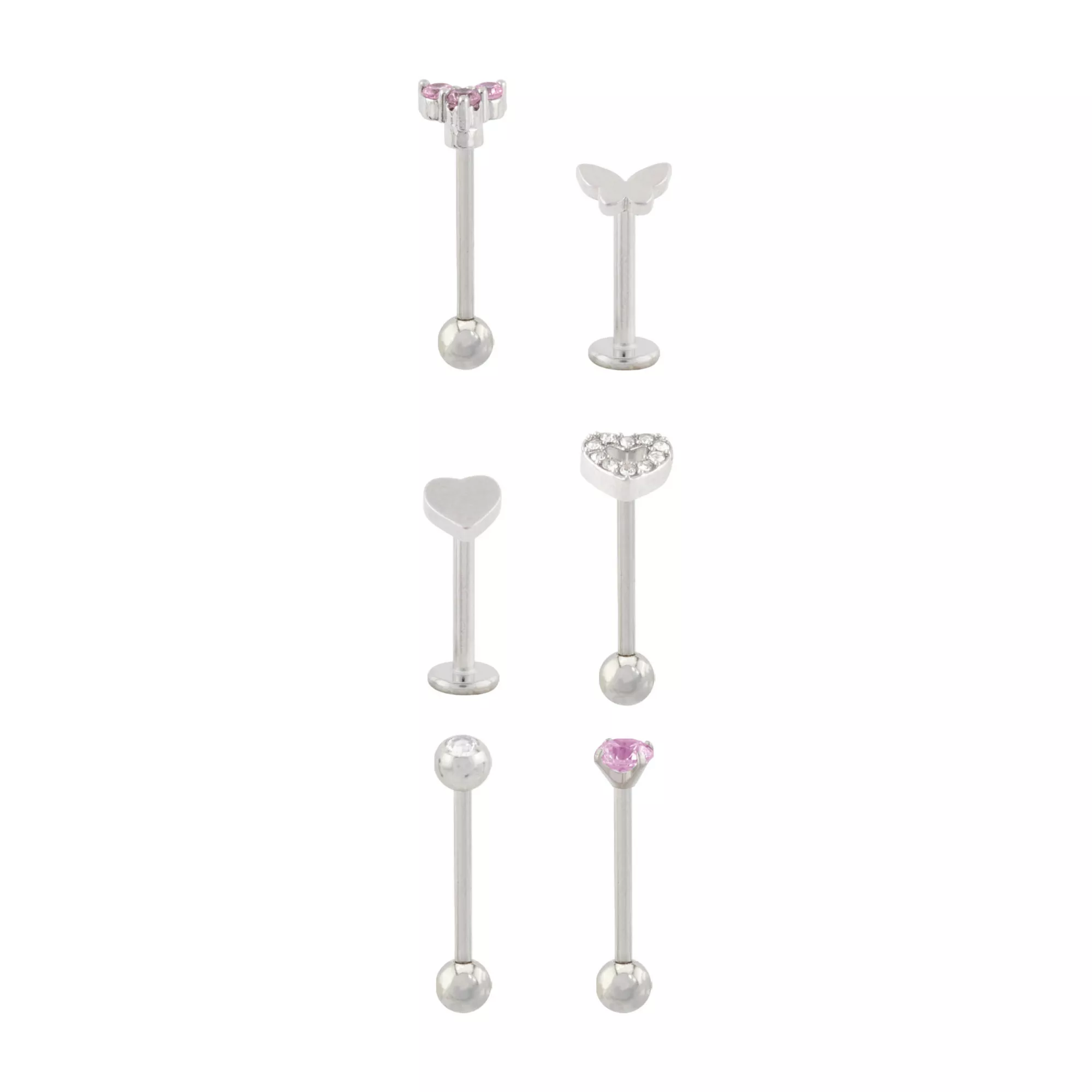 Multi-Pack Clear and Pink CZ Butterfly Heart Silver-Tone Labret and Cartilage Pins 6 Pack - 16 Gauge at Spencer's