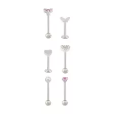 Multi-Pack Clear and Pink CZ Butterfly Heart Silver-Tone Labret and Cartilage Pins 6 Pack - 16 Gauge at Spencer's