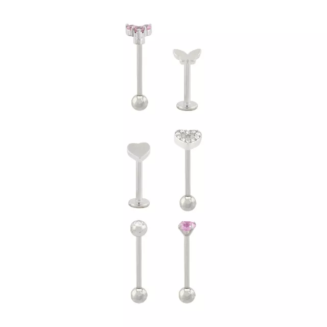 Multi-Pack Clear and Pink CZ Butterfly Heart Silver-Tone Labret and Cartilage Pins 6 Pack - 16 Gauge at Spencer's