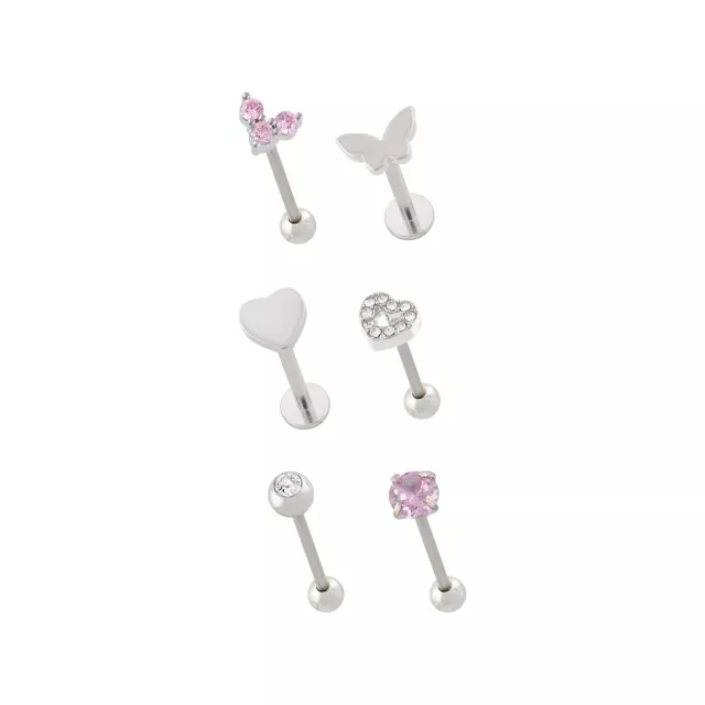 Multi-Pack Clear and Pink CZ Butterfly Heart Silver-Tone Labret and Cartilage Pins 6 Pack - 16 Gauge at Spencer's