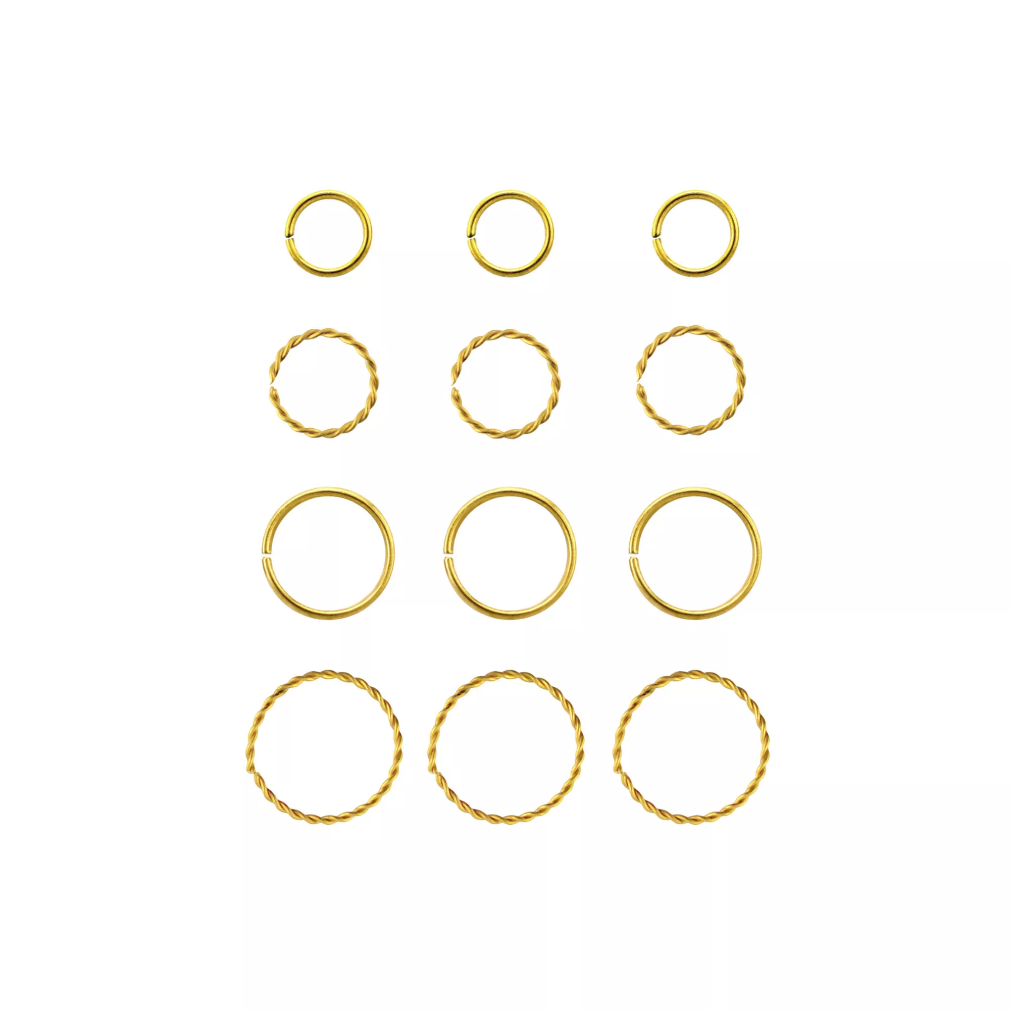 Multi-Pack Textured Gold-Tone Titanium Hoop Nose Rings 12 Pack - 20 Gauge at Spencer's