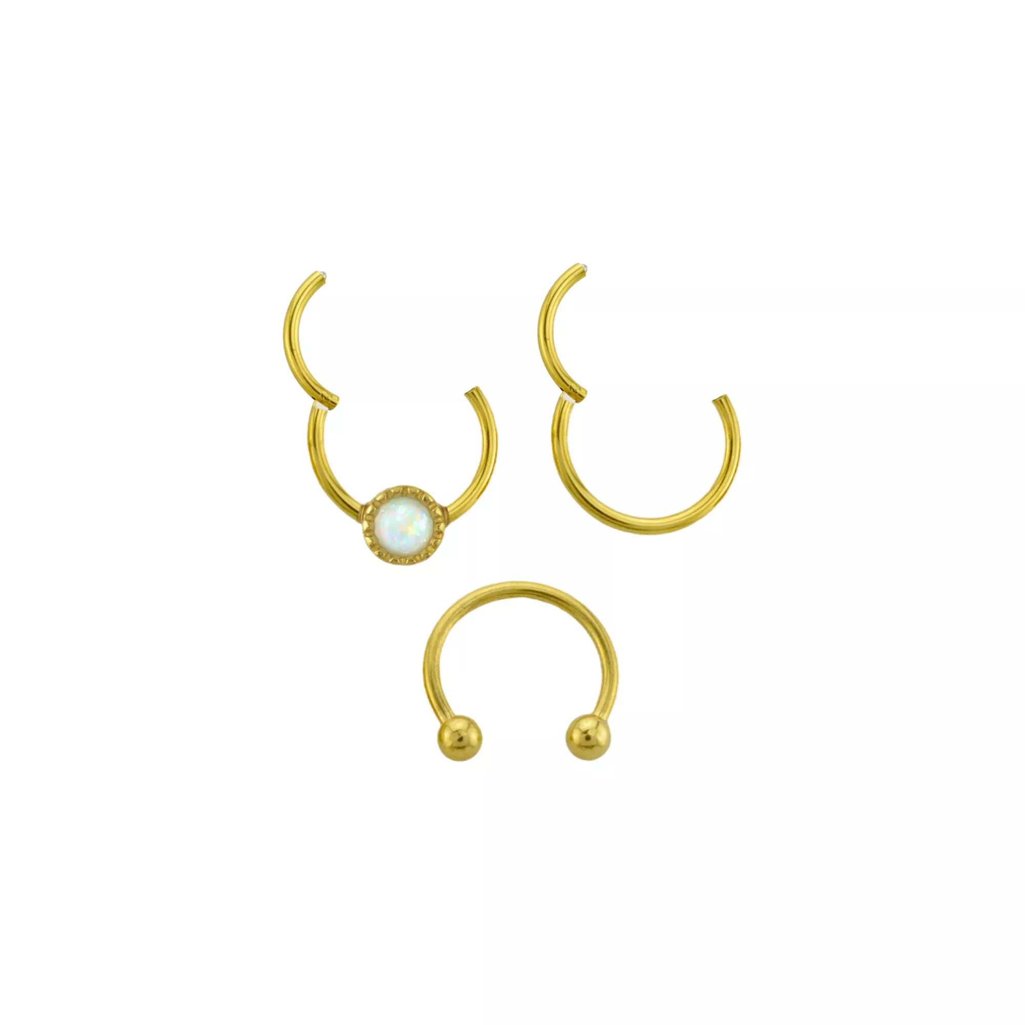 Multi-Pack Opal-Effect Round 14K Gold-Plated Septum Rings 3 Pack - 16 Gauge