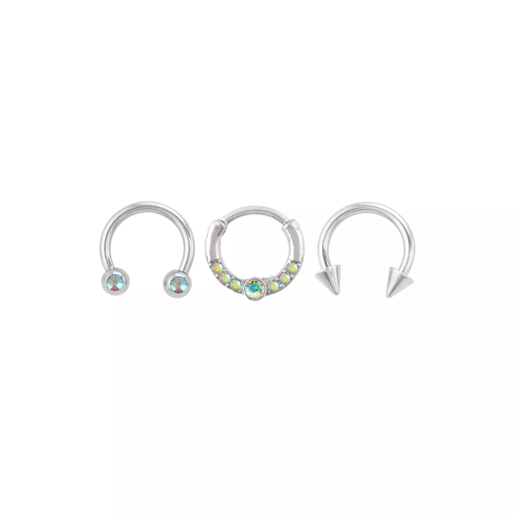 Multi-Pack Iridescent CZ Silver-Tone Titanium Septum Rings 3 Pack - 16 Gauge at Spencer's