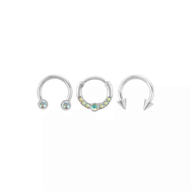 Multi-Pack Iridescent CZ Silver-Tone Titanium Septum Rings 3 Pack - 16 Gauge at Spencer's