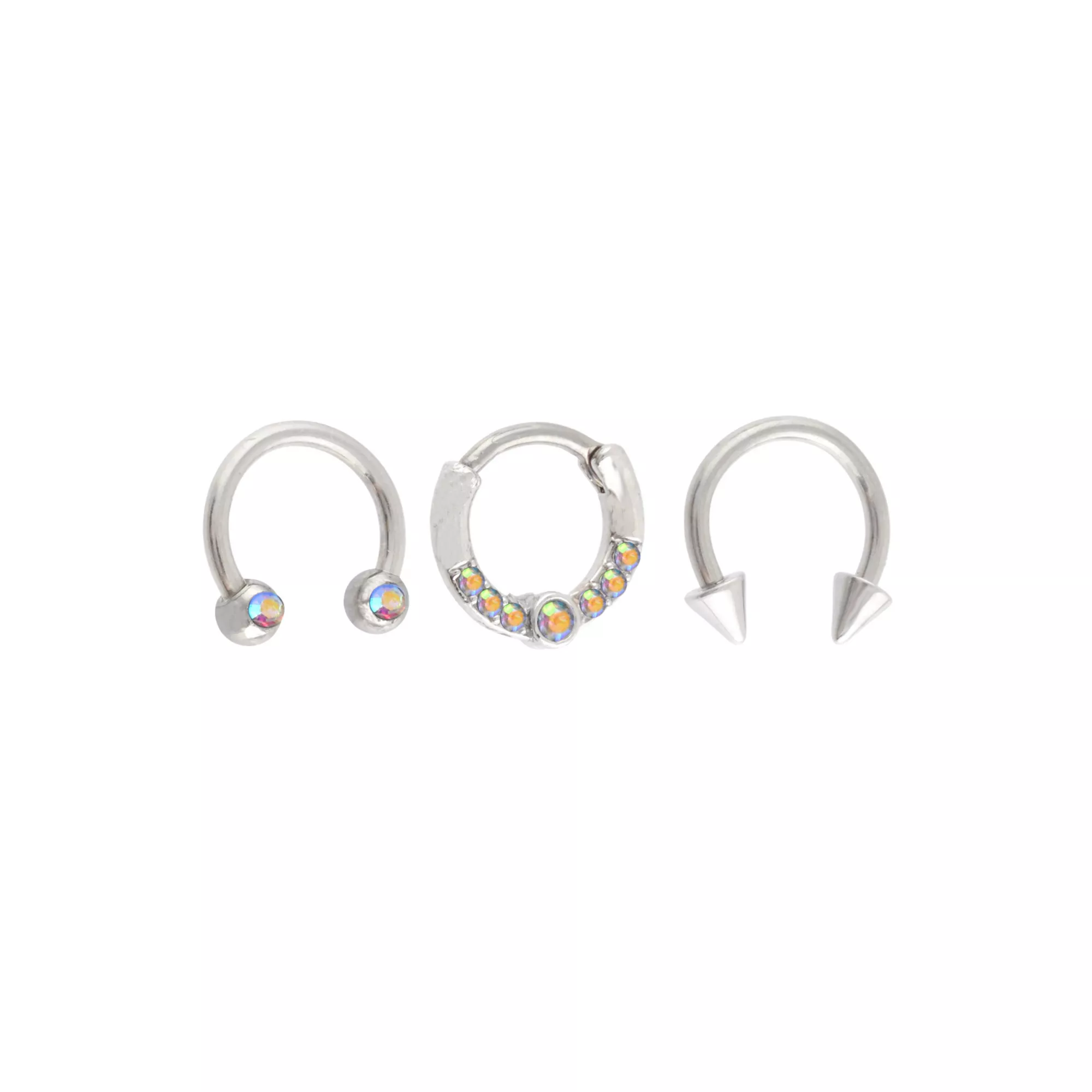 Multi-Pack Iridescent CZ Silver-Tone Titanium Septum Rings 3 Pack - 16 Gauge at Spencer's