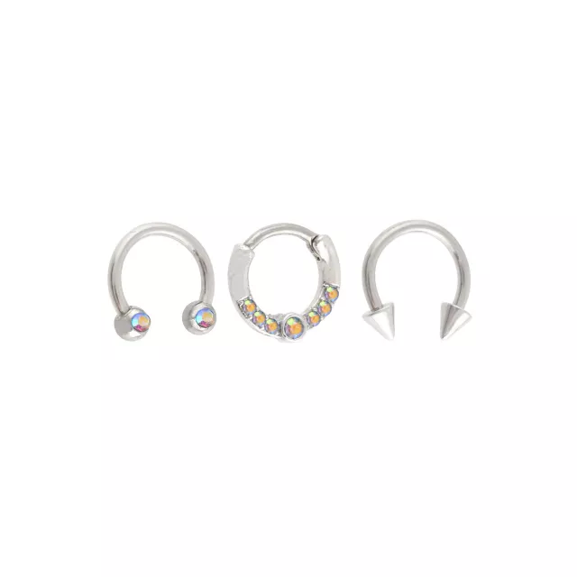 Multi-Pack Iridescent CZ Silver-Tone Titanium Septum Rings 3 Pack - 16 Gauge at Spencer's