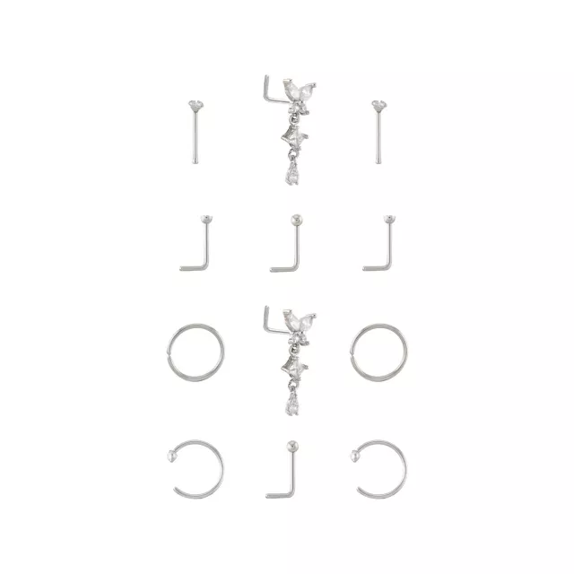 Multi-Pack CZ Titanium Butterfly Hoop L-Bend and Bone Nose Rings 12 Pack - 20 Gauge
